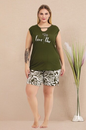 tarzımsüper Plus Size Comfort Sleepwear Set with Bottom Top Shorts Patterned Double Cotton 2-Piece Bottom-Top Suit
