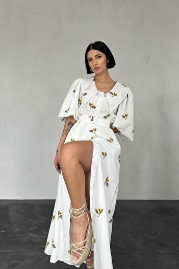 buğrahayalin Brown Collar Floral Motif Belted Dress