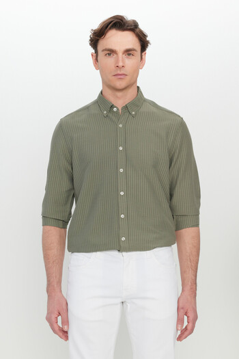 ALTINYILDIZ CLASSICS Men's Khaki Slim Fit Slim Fit Buttoned Collar Dobby Seersucker Patterned Shirt