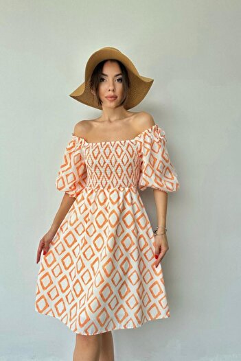 buğrahayalin Orange Square Patterned Summer Dress