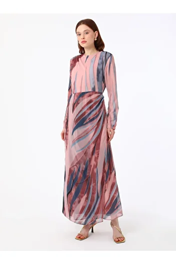 Refka Drape Detailed Pink Zebra Patterned Hijab Dress - Refka