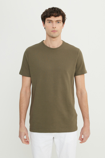 ALTINYILDIZ CLASSICS Men's Khaki Cotton Slim Fit Slim Fit Crew Neck Stretch T-Shirt