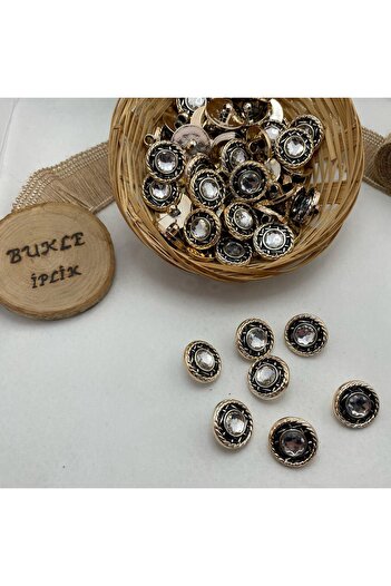 Bukle İplik Crystal Look Twist Detailed Gold Framed Plastic Metalized Button with Footed Bottom 34" - (6 Pieces)