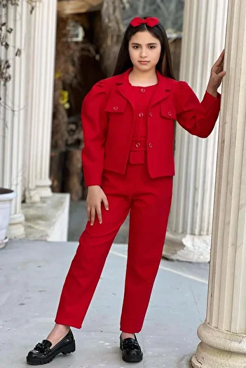 Riccotarz Girl's Sleeveless Combed Cotton Shirt Pocket Detailed Blazer Jacket Belted Trousers Red Bottom Top Set