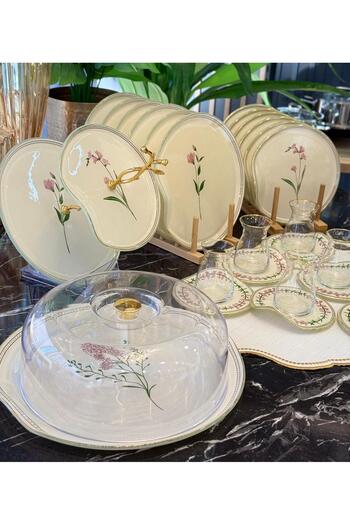 Onedekor 28 Piece Solid Crocus Gold Gilded Cake Tea Serving Catering Set for 6 People