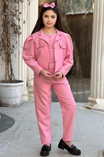 Riccotarz Girl's Sleeveless Combed Cotton Shirt Pocket Detailed Blazer Jacket Belted Pants Pink Bottom Top Set