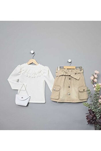 BLR KİDS Badiled Girl's Suit with Jeans Skirt and Side Pockets