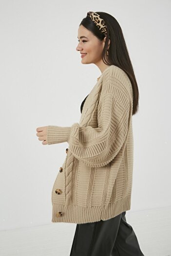 Nazende Stil Dámský béžový pletený vzorovaný ležérní cardigan