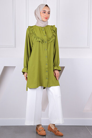 İmajButik Oil Green Frilly Front Ayrobin Tunic