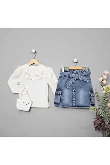 BLR KİDS Badiled Girl's Suit with Jeans Skirt and Side Pockets