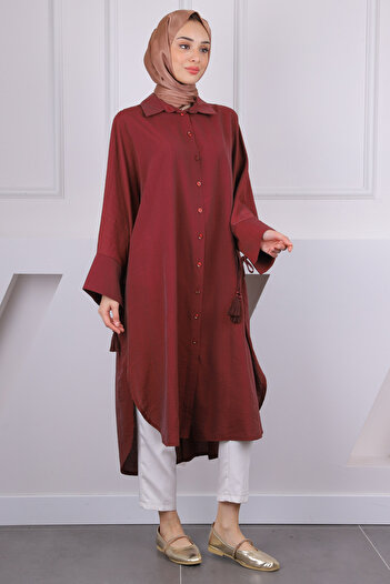 İmajButik Burgundy Bat Sleeve Tunic with Tassel Detail