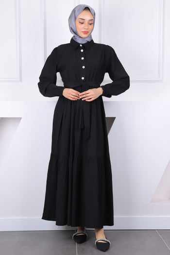 İmajButik Μαύρο φόρεμα με ελαστική μέση με ζώνη
