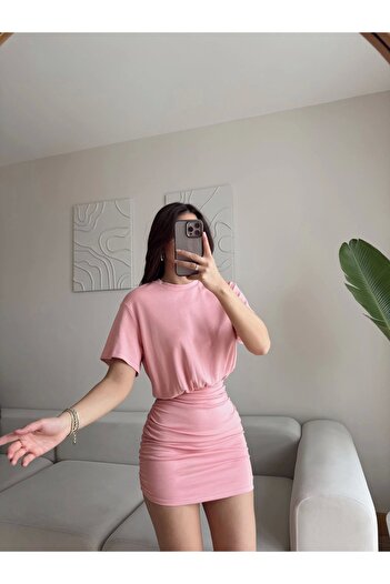 Zoom Butik Bisiklet Yaka Büzgülü Elbise - PUDRA