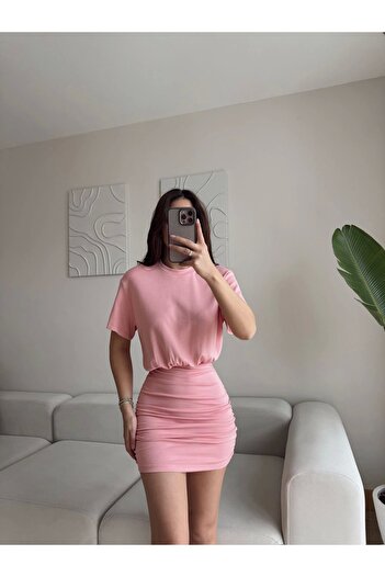 Zoom Butik Bisiklet Yaka Büzgülü Elbise - PUDRA