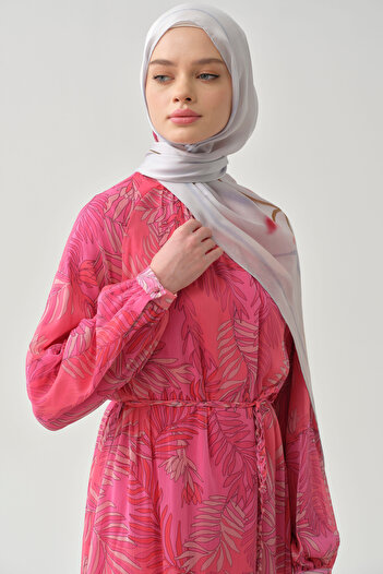 Tuğba Örgü Kemerli Desenli Şifon Elbise - Pembe