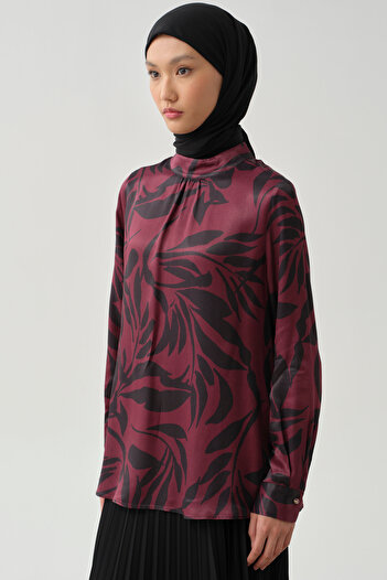 Tuğba Floral Desen Viskon Bluz - Mürdüm