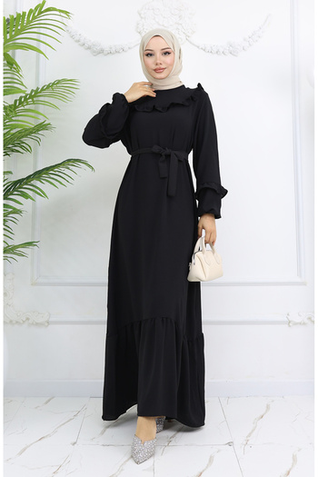 sefamerve Aerobin Fabric Ruffle Detailed Dress 0023-03 Black