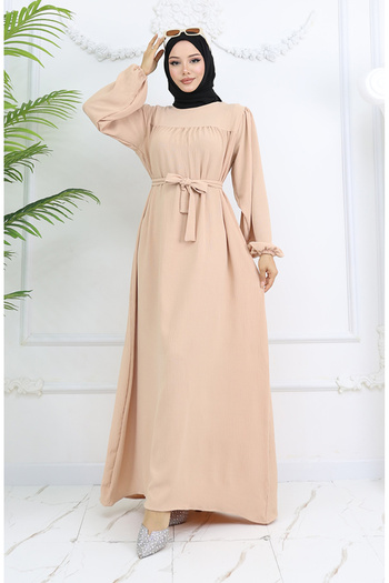 sefamerve Beige Dress - Crepe Fabric Sleeve, Elastic 0029-03 Model