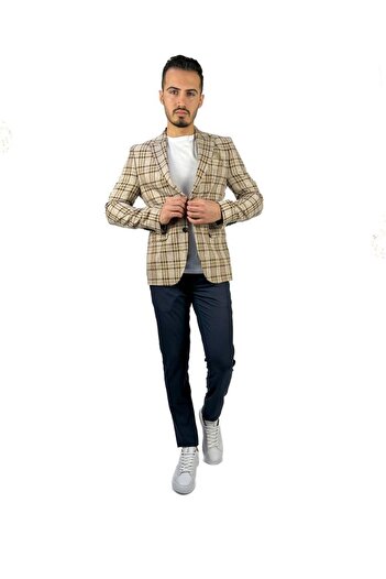 AGUSTİNİ Bej Ekose Blazer Tek Ceket Sivri Yaka Regular Fit | Agustini