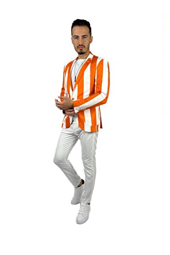 AGUSTİNİ Turuncu ve Beyaz Şerit Desen Torba Cep Blazer Tek Ceket Slim Fit | Agustini