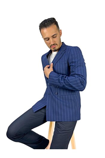 AGUSTİNİ Lacivert Çizgili Kruvaze Tek Ceket Mono Yaka Slim Fit | Agustini