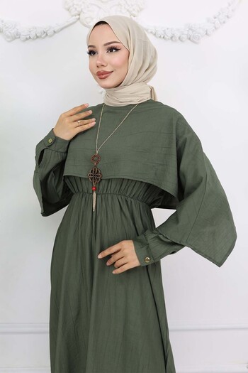 benguen Collar Detailed Necklace Dress Khaki 4809