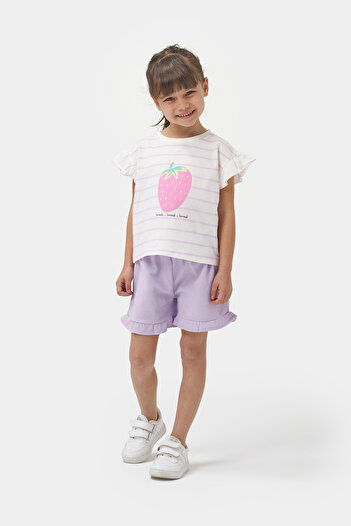 Minipodyum Girl's Striped T-Shirt Shorts Summer Waffle Two Piece Set