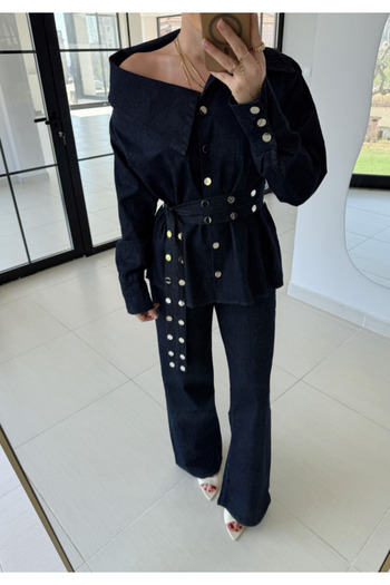 My Blog Set de denim cu guler asimetric bleumarin cu accesorii metalice - 253174