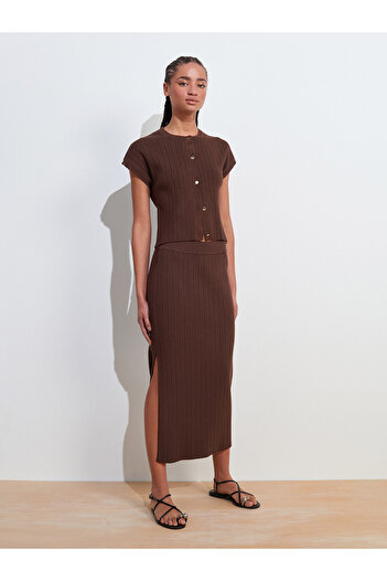 Dilvin 80126 Elastic Waist Ribbed Slit Knitwear Skirt-Brown