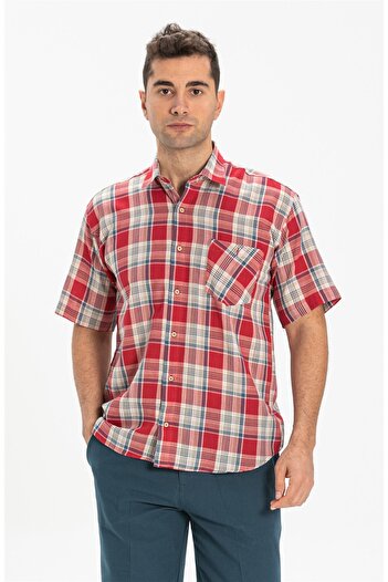 Eliş Şile Bezi Large Size Short Sleeve Shile Cloth Single Pocket Men's Summer Shirt Red Navy Blue Plaid 3057