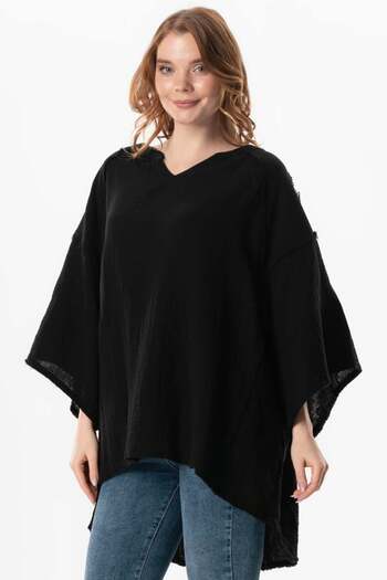 Eliş Şile Bezi Half Sleeve Nadya V-Neck Muslin Summer Blouse - Black