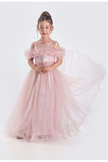 Mnk Baby&Kids Uzun Etek Kız Çocuk Robası Şifon Abiye M00723 PUDRA