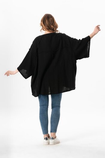 Eliş Şile Bezi Half Sleeve Nadya V-Neck Muslin Summer Blouse - Black