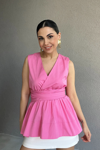 Seda Yalçın Atelier Pink Zero Sleeve Poplin Brand Blouse with Binding Detail
