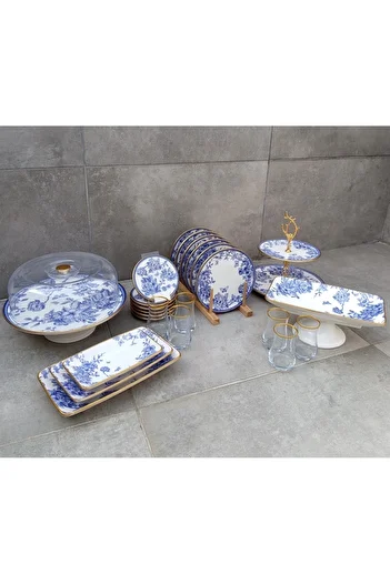 Pinkev Ceramic Cake Presentation Plate Set with 26 Piece Tea Set