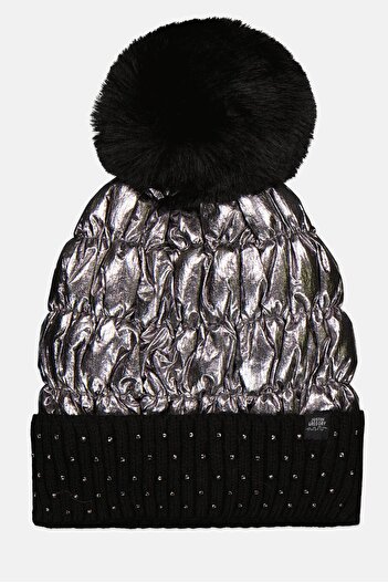 Justin Gregory Women Studded Puffer Beanie With Pom, Black