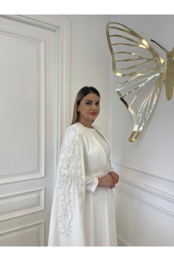 White Corner 2921 Sleeve Detail Abaya Suit