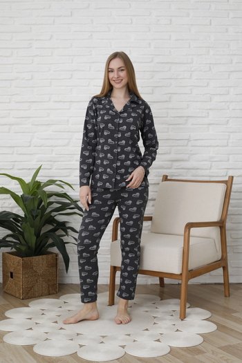 FAMES PİJAMA Uzunkol Buttoned Combed Cotton Pajama Set with Hearts