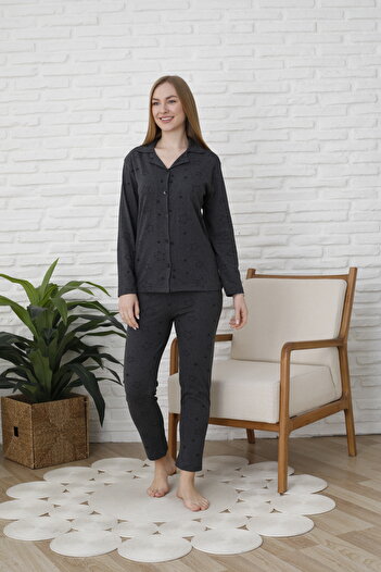 FAMES PİJAMA Uzunkol Buttoned Combed Cotton Pajama Set with Hearts