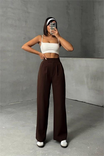 Plenty Women's High Waist Elastic Waist Velcro Palazzo Pants Plaszo Spanish Wide Leg Fabric Pants