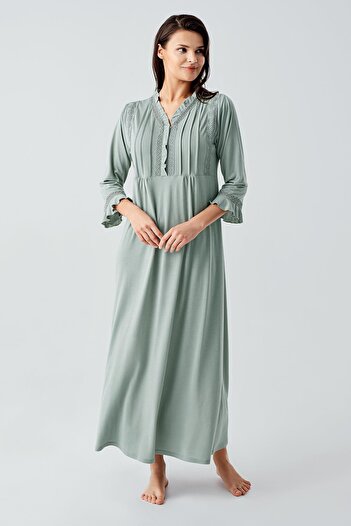 Artış Lace Buttoned Long Sleeve Stretchy Viscose Nightgown