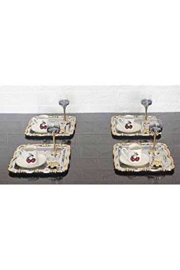 atabey home collection 6 Pcs Presentation Tray & Coffee & Tea Tray - Silver Tray Cast Gold Rose Framed