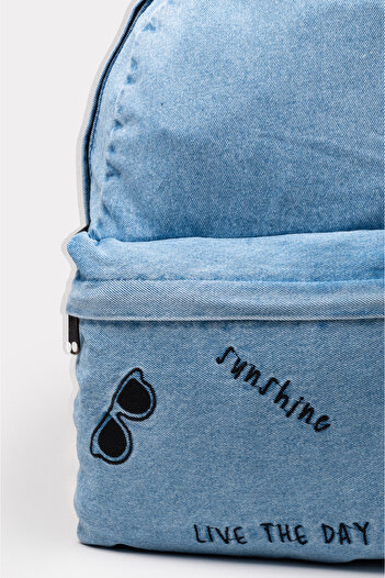 ICONE BAG Icone Ön Cep Nakışlı Denim Yıkamalı Sırt Çantası, Kot Sırt Çantası
