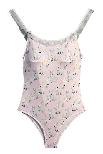 LOOK ME Rabbit and Birds Pattern Lace Ruffle 50Uv Girls' Swimsuit