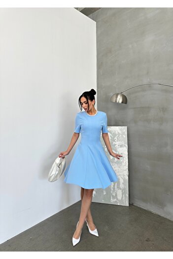 maf collection Rochie de seară mini plisată cu mânecă scurtă albastră