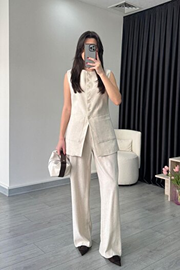 ECEMİ Pocket Detail Natural Linen Vest Trousers Set