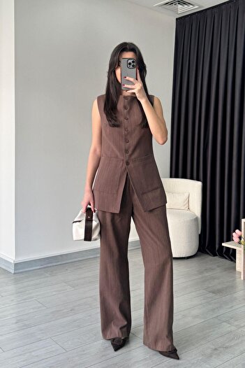 ECEMİ Pocket Detail Brown Linen Vest Trousers Set