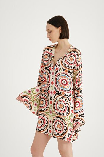 Store Kadın Yazlık Elbise - %100 Pamuklu Renkli V Yaka Desenli Elbise