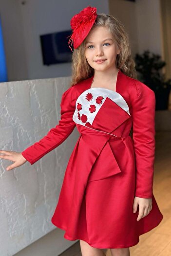Riccotarz Girl's Square Neck Chest Panel Flower Asymmetrical Cut Red Dress
