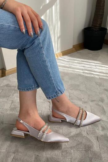 Preshley Women's Linda Silver Satin Two Rows of Stones Open Back 2 cm Heeled Pointed Toe Ballerinas